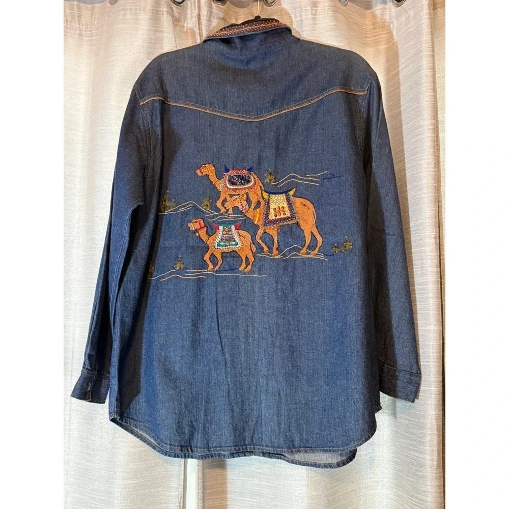 Vintage Chico's Design Embroidered Beaded Camel Denim Shirt 100% Cotton 2 Boho